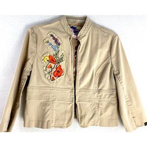 99 Mph  Floral  Embroidered Cropped Khaki Jean Jacket Juniors Sz:L RUNS SMALL
